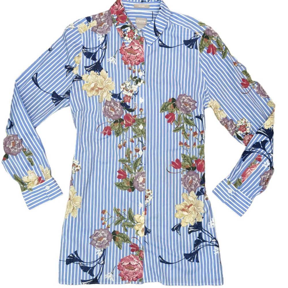 Chicos Womens Button Up Top XS Blue Striped Floral No Iron Long Sleeve Size 00
